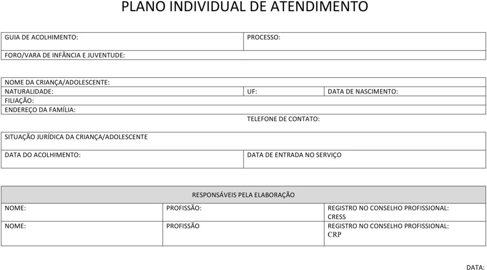 SITUAÇÃO JURÍDICA DA CRIANÇA/ADOLESCENTE DATA DO ACOLHIMENTO: DATA DE ENTRADA NO SERVIÇO RESPONSÁVEIS PELA