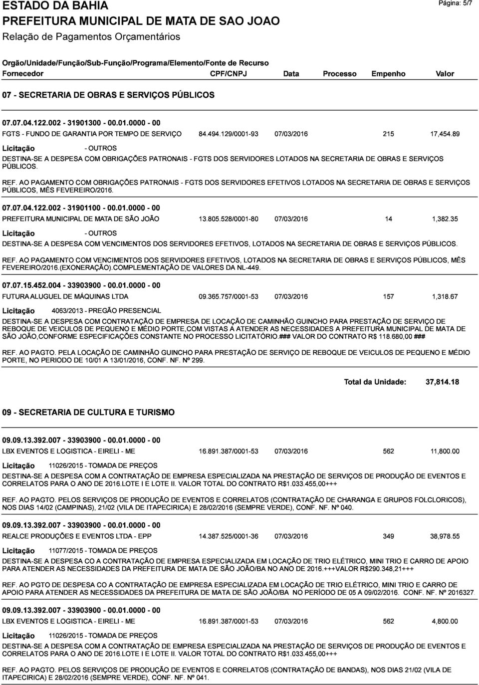 COM COM -OUTROS OBRIGAÇÕES OBRIGAÇÕES PATRONAIS PATRONAIS - FGTS - FGTS 07/03/2016 215 DOS DOS SERVIDORES SERVIDORES EFETIVOS LOTADOS LOTADOS NA SECRETARIA NA SECRETARIA DE OBRAS DE E OBRAS SERVIÇOS