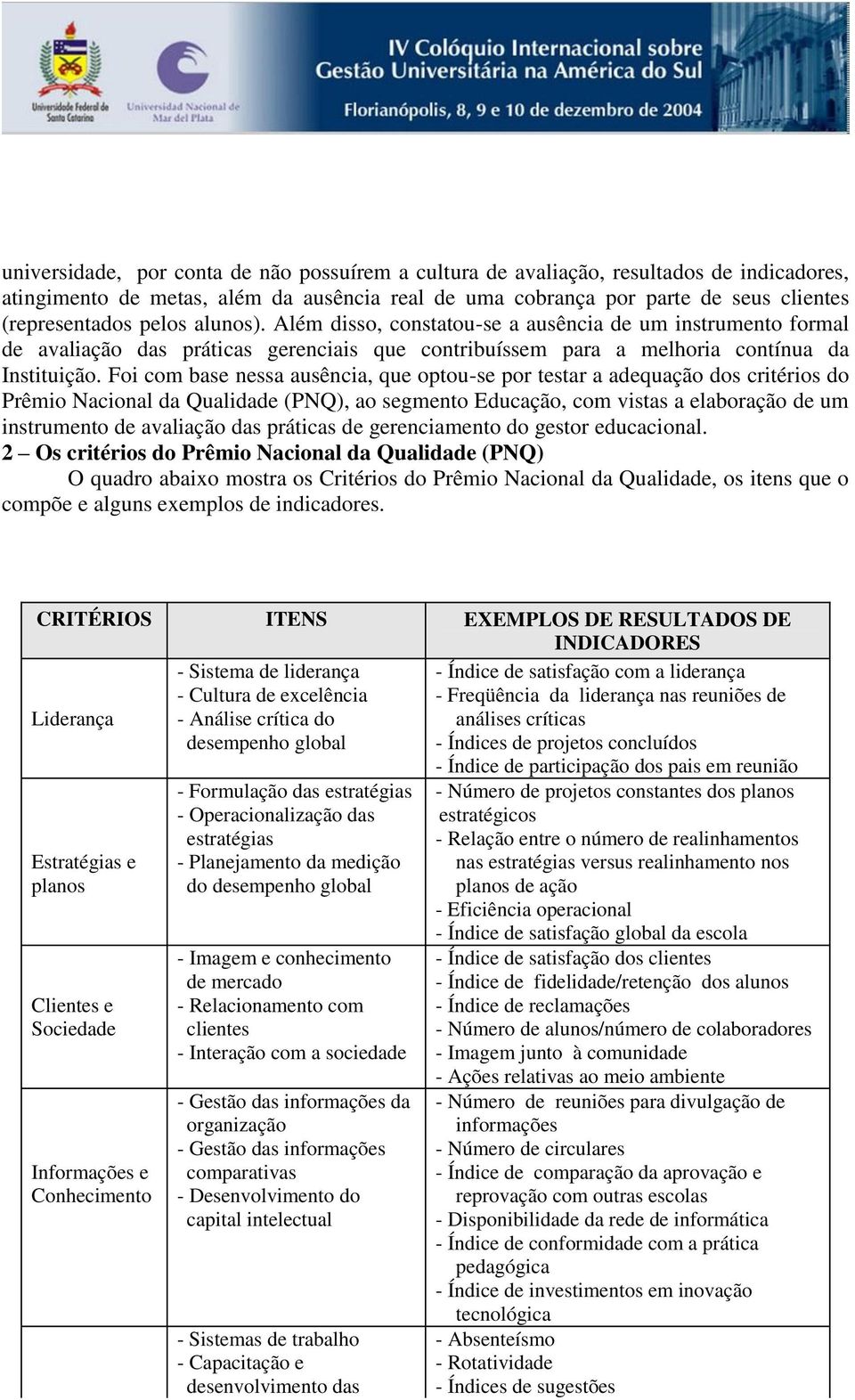 Foi com base nessa ausência, que optou-se por testar a adequação dos critérios do Prêmio Nacional da Qualidade (PNQ), ao segmento Educação, com vistas a elaboração de um instrumento de avaliação das