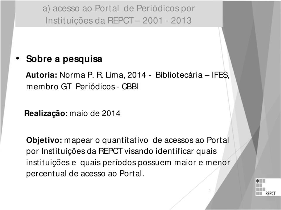 Lima, 2014 - Bibliotecária IFES, membro GT Periódicos - CBBI Realização: maio de 2014 Objetivo: