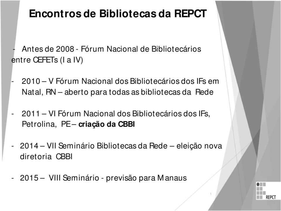 bibliotecas da Rede - 2011 VI Fórum Nacional dos Bibliotecários dos IFs, Petrolina, PE criação da