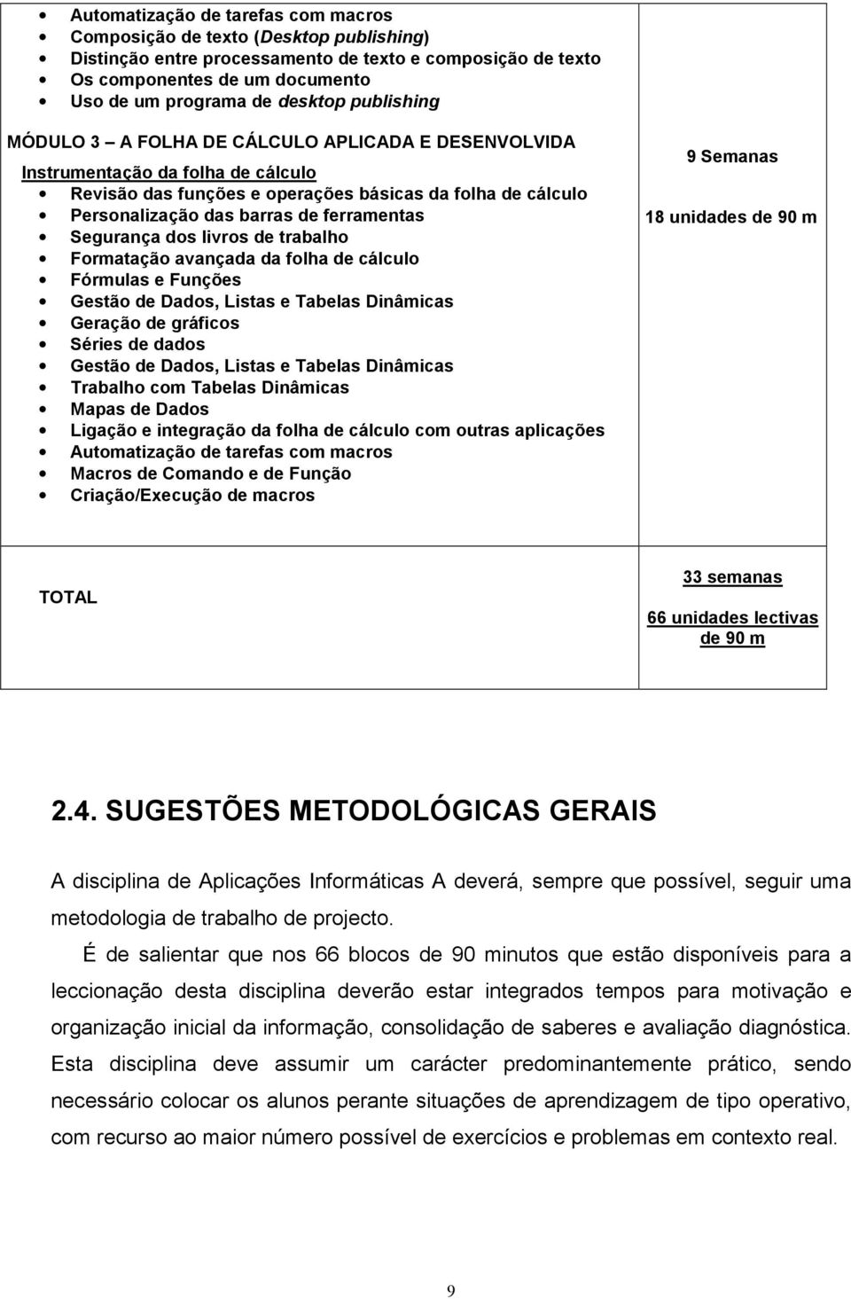 Segurança dos livros de trabalho Formatação avançada da folha de cálculo Fórmulas e Funções Gestão de Dados, Listas e Tabelas Dinâmicas Geração de gráficos Séries de dados Gestão de Dados, Listas e