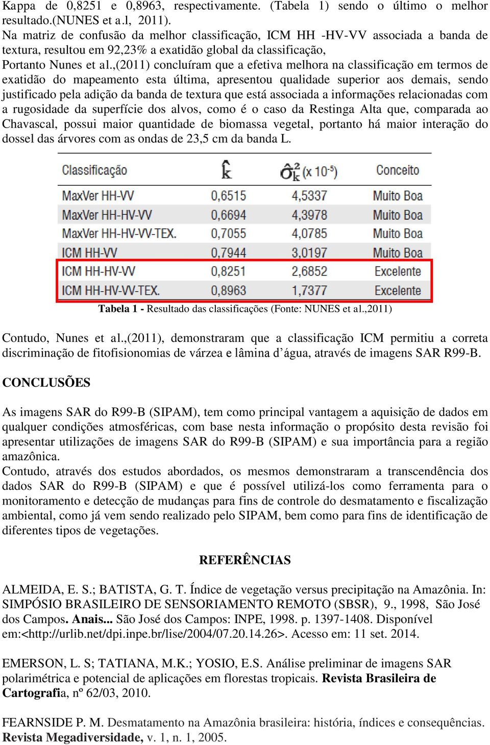 ,(2011) concluíram que a efetiva melhora na classificação em termos de exatidão do mapeamento esta última, apresentou qualidade superior aos demais, sendo justificado pela adição da banda de textura