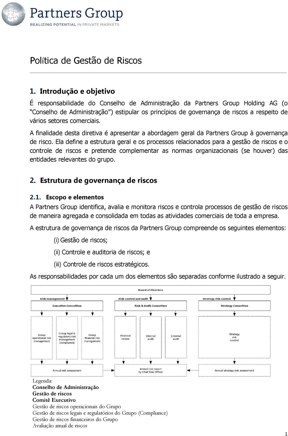 setores comerciais. A finalidade desta diretiva é apresentar a abordagem geral da Partners Group à governança de risco.