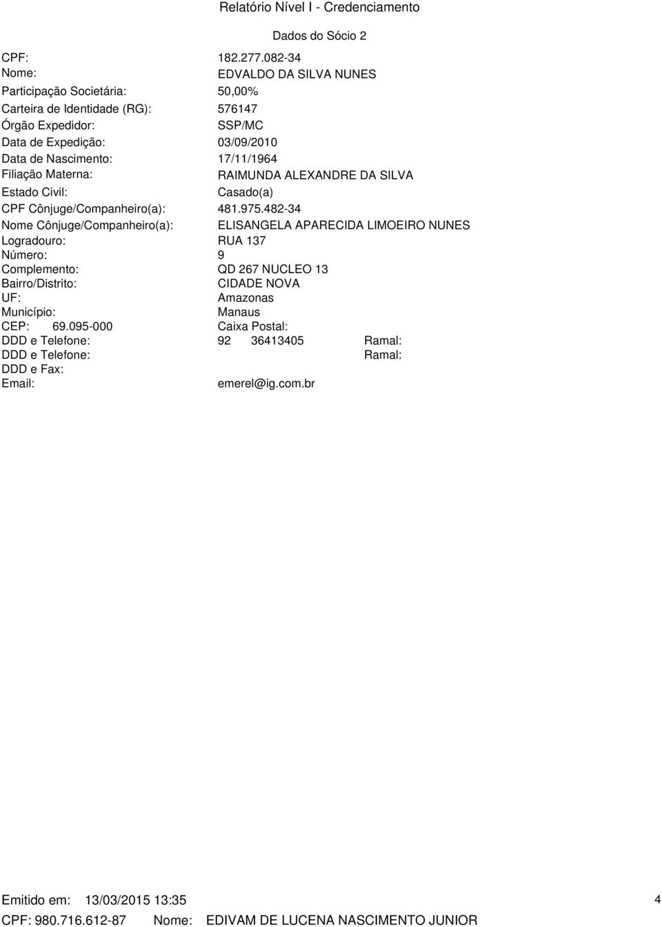 Materna: 576147 SSP/MC 03/09/2010 17/11/1964 RAIMUNDA ALEXANDRE DA SILVA Casado(a) Estado Civil: CPF Cônjuge/Companheiro(a): 481.975.