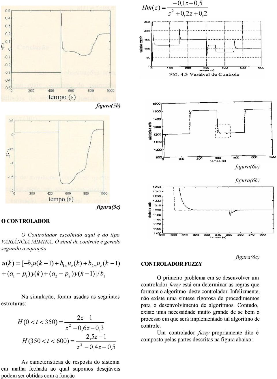 < t < 600) z 0,4z 0,5 CONROLADOR FUZZY figura(6c) O primeiro problema em se desevolver um cotrolador fuzzy está em determiar as regras que formam o algoritmo deste cotrolador.