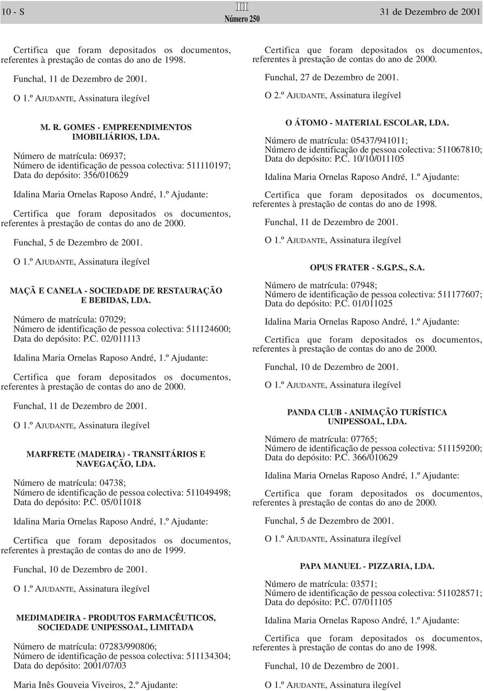 Número de matrícula: 07029; Número de identificação de pessoa colectiva: 511124600; Data do depósito: P.C. 02/011113 MARFRETE (MADEIRA) - TRANSITÁRIOS E NAVEGAÇÃO, LDA.