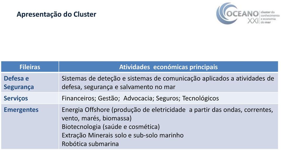 Gestão; Advocacia; Seguros; Tecnológicos Energia Offshore (produção de eletricidade a partir das ondas, correntes,