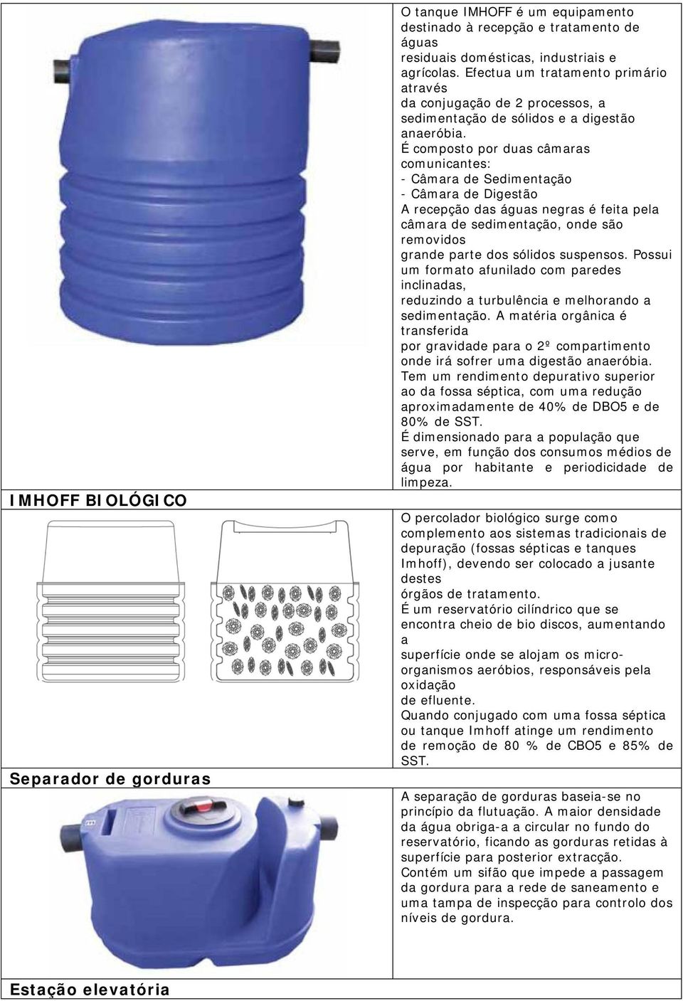 É composto por duas câmaras comunicantes: - Câmara de Sedimentação - Câmara de Digestão A recepção das águas negras é feita pela câmara de sedimentação, onde são removidos grande parte dos sólidos