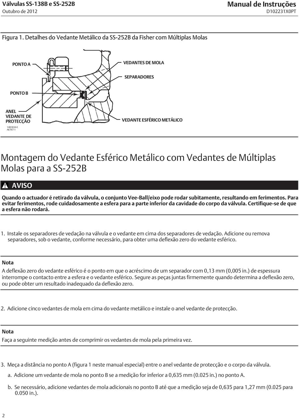 Vedante Esférico Metálico com Vedantes de Múltiplas Molas para a SS-252B AVISO Quando o actuador é retirado da válvula, o conjunto Vee-Ball/eixo pode rodar subitamente, resultando em ferimentos.