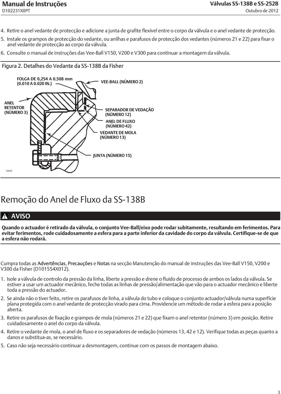 Consulte o manual de instruções das Vee-Ball V150, V200 e V300 para continuar a montagem da válvula. Figura 2. Detalhes do Vedante da SS-138B da Fisher FOLGA DE 0,254 A 0,508 mm (0.010 A 0.020 IN.