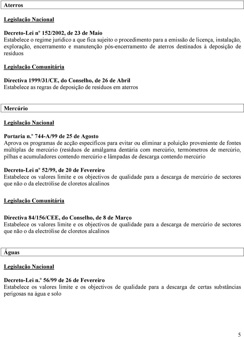 º 744-A/99 de 25 de Agosto Aprova os programas de acção específicos para evitar ou eliminar a poluição proveniente de fontes múltiplas de mercúrio (resíduos de amálgama dentária com mercúrio,