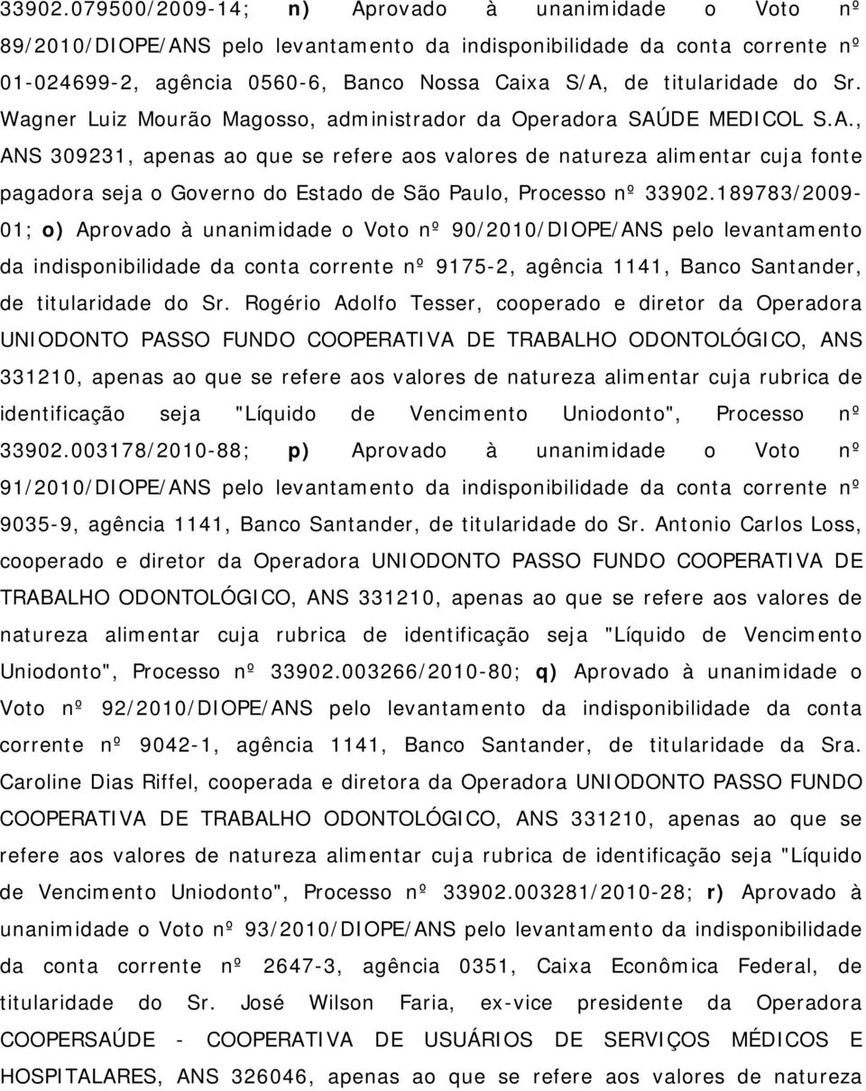 do Sr. Wagner Luiz Mourão Magosso, administrador da Operadora SAÚ