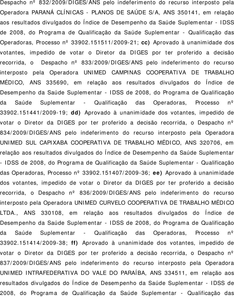 151511/2009-21; cc) Aprovado à unanimidade dos votantes, impedido de votar o Diretor da DIGES por ter proferido a decisão recorrida, o Despacho nº 833/2009/DIGES/ANS pelo indeferimento do recurso