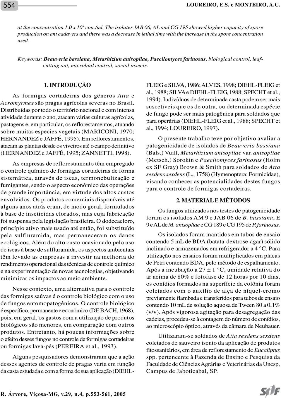 Keywords: Beauveria bassiana, Metarhiziun anisopliae, Paecilomyces farinosus, biological control, leafcutting ant, microbial control, social insects. 1.