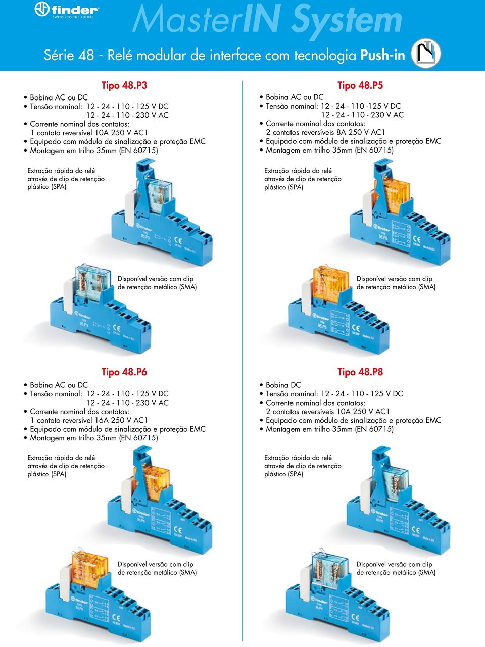 P5 Tensão nominal: 12-24 - 110-125 V DC 2 contatos reversíveis 8A 250 V