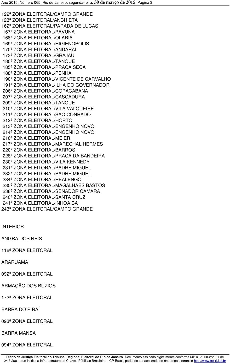 ELEITORAL/PENHA 190ª ZONA ELEITORAL/VICENTE DE CARVALHO 191ª ZONA ELEITORAL/ILHA DO GOVERNADOR 206ª ZONA ELEITORAL/COPACABANA 207ª ZONA ELEITORAL/CASCADURA 209ª ZONA ELEITORAL/TANQUE 210ª ZONA