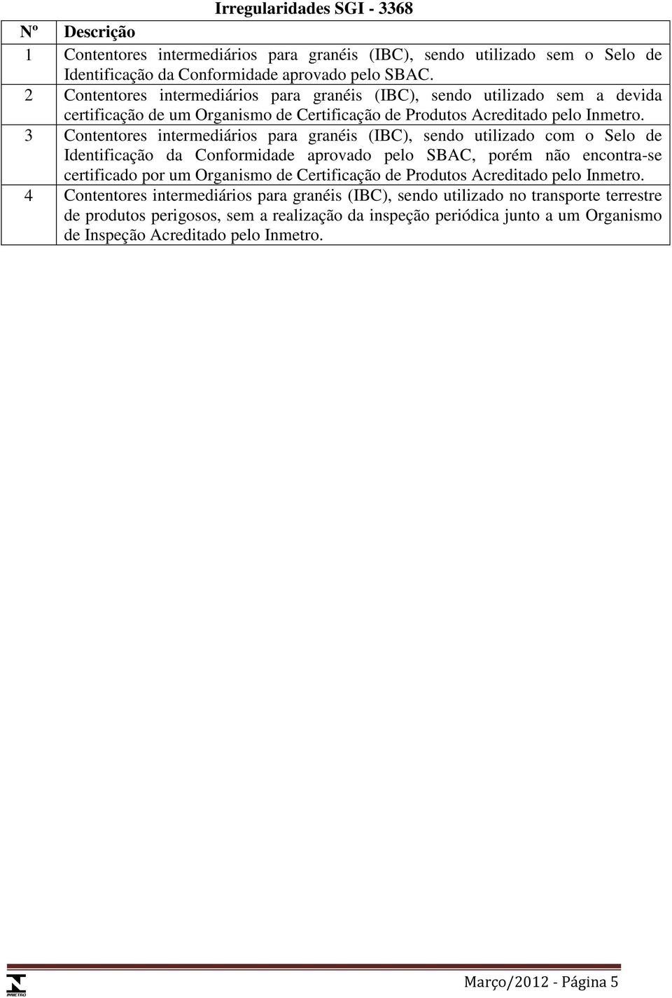 3 Contentores intermediários para granéis (IBC), sendo utilizado com o Selo de Identificação da Conformidade aprovado pelo SBAC, porém não encontra-se certificado por um Organismo de Certificação