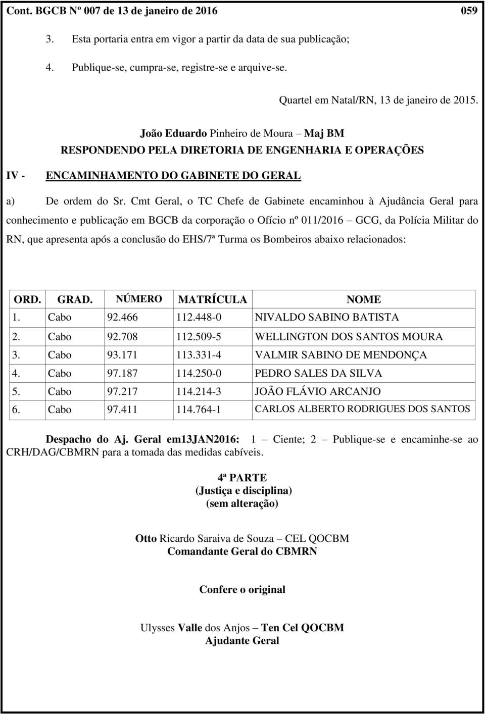 Cmt Geral, o TC Chefe de Gabinete encaminhou à Ajudância Geral para conhecimento e publicação em BGCB da corporação o Ofício nº 011/2016 GCG, da Polícia Militar do RN, que apresenta após a conclusão