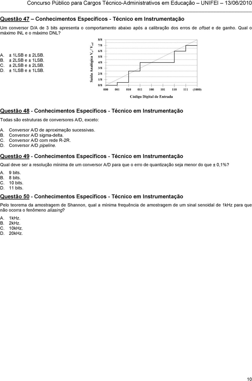 Questão 48 - Conhecimentos Específicos - Técnico em Instrumentação Todas são estruturas de conversores A/D, exceto: A. Conversor A/D de aproximação sucessivas. B. Conversor A/D sigma-delta. C. Conversor A/D com rede -2.