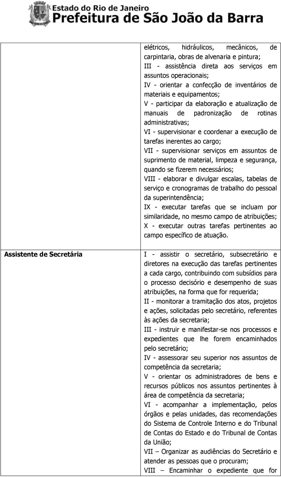 supervisionar serviços em assuntos de suprimento de material, limpeza e segurança, quando se fizerem necessários; VIII - elaborar e divulgar escalas, tabelas de serviço e cronogramas de trabalho do