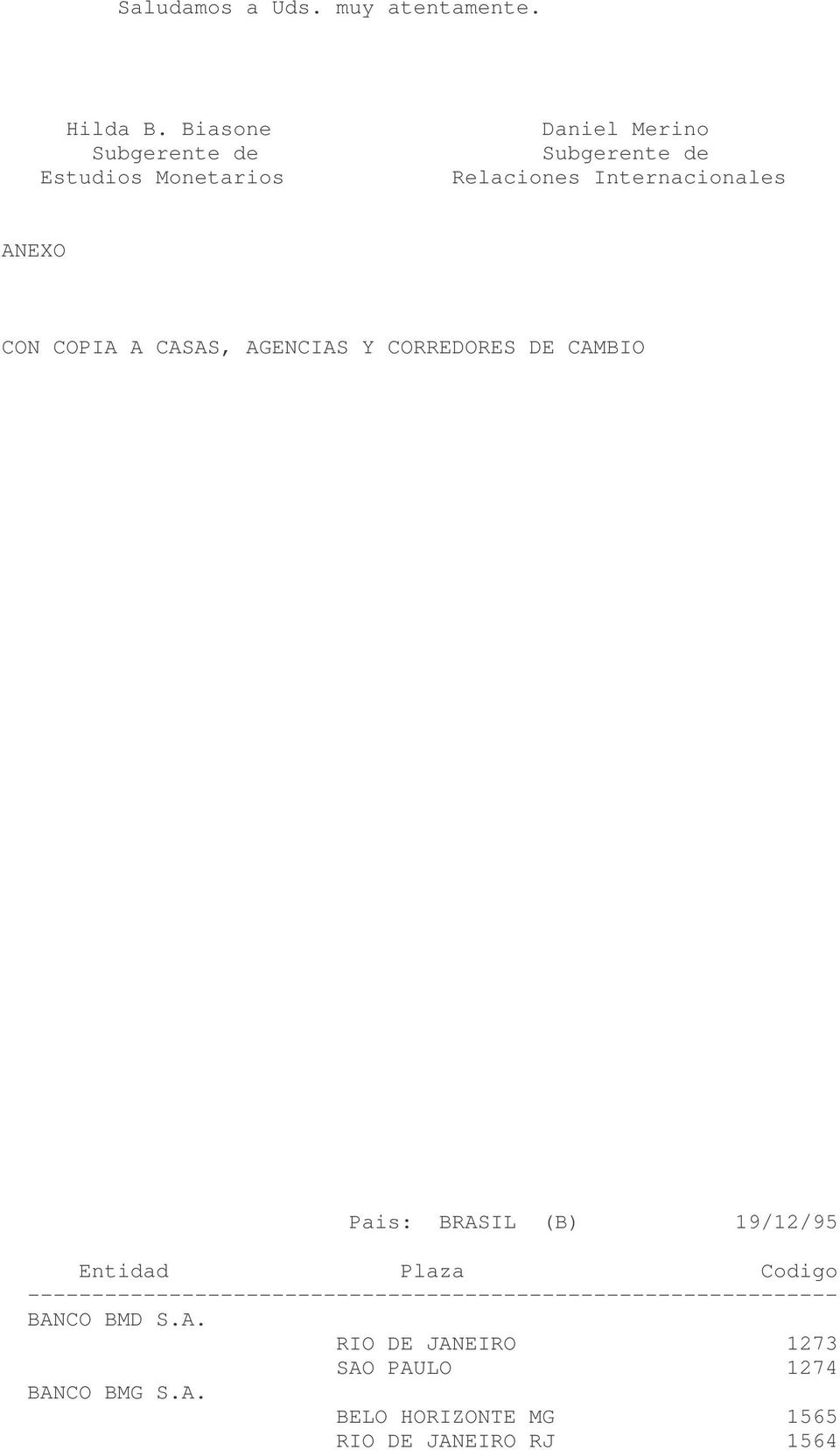 CON COPIA A CASAS, AGENCIAS Y CORREDORES DE CAMBIO Pais: BRASIL (B) 19/12/95 Entidad Plaza Codigo