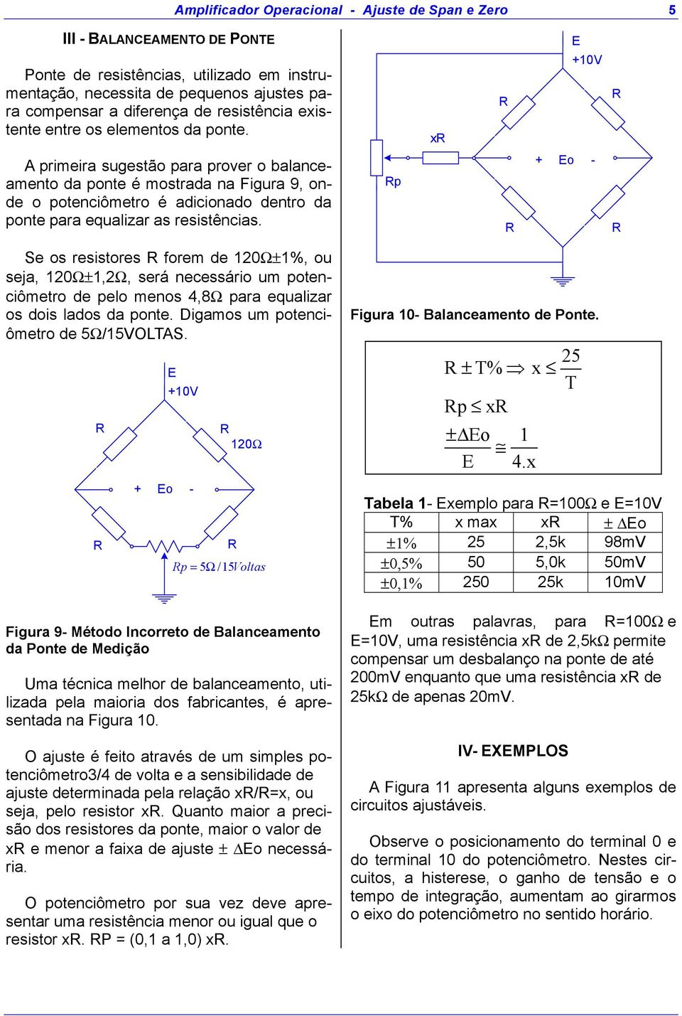 p + E - Se s resistres frem de 12Ω±1%, u seja, 12Ω±1,2Ω, será necessári um ptenciômetr de pel mens 4,8Ω para equalizar s dis lads da pnte. Digams um ptenciômetr de 5Ω/15VOLTAS.