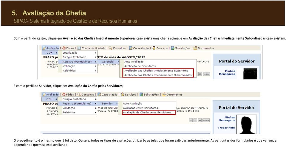 E com o perfil do Servidor, clique em Avaliação da Chefia pelos Servidores, O procedimento é o mesmo que já foi visto.