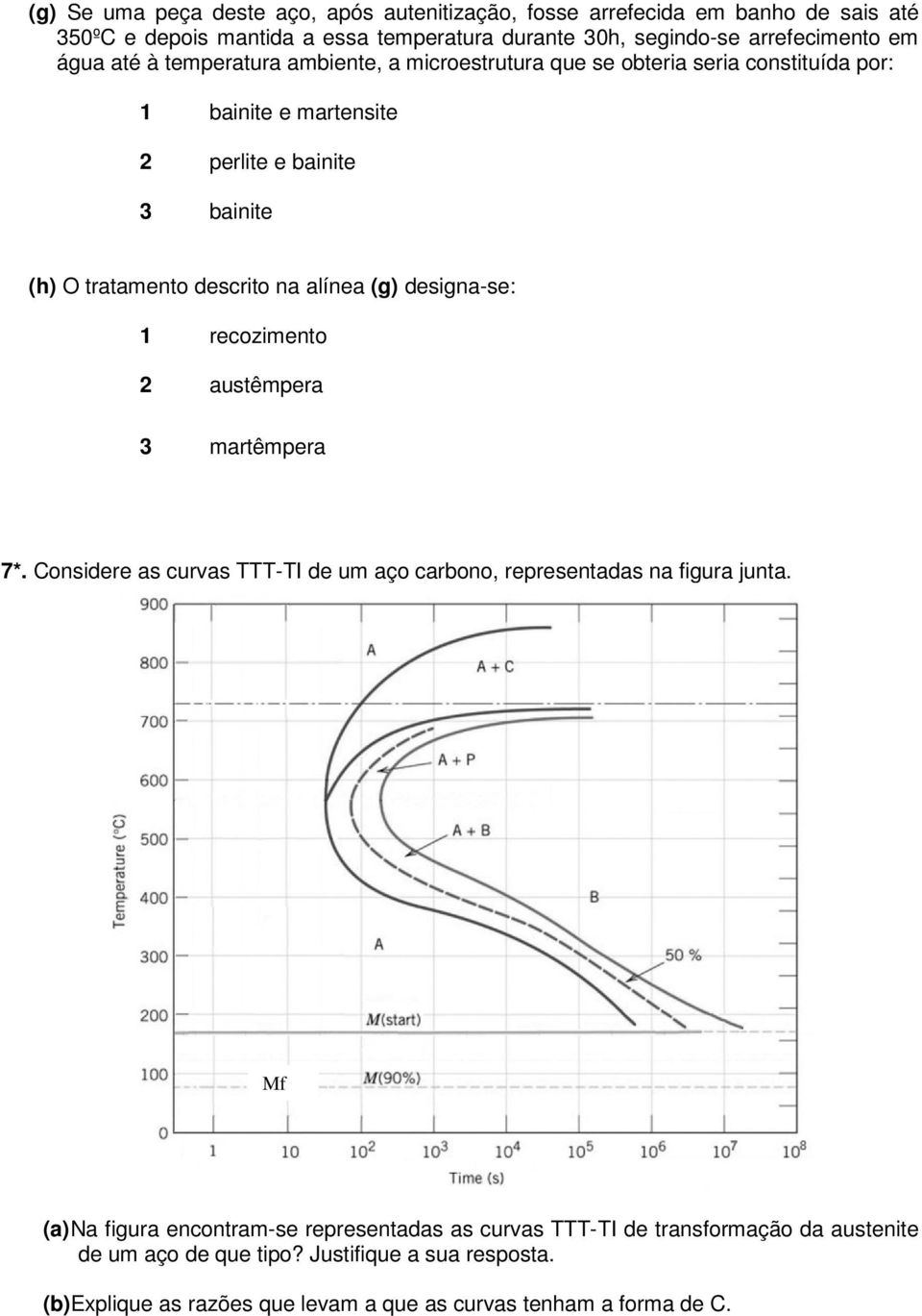 (g) designa-se: 1 recozimento 2 austêmpera 3 martêmpera 7*. Considere as curvas TTT-TI de um aço carbono, representadas na figura junta.