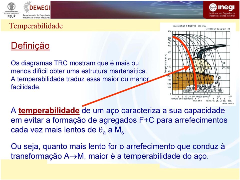 A temperabilidade de um aço caracteriza a sua capacidade em evitar a formação de agregados F+C para