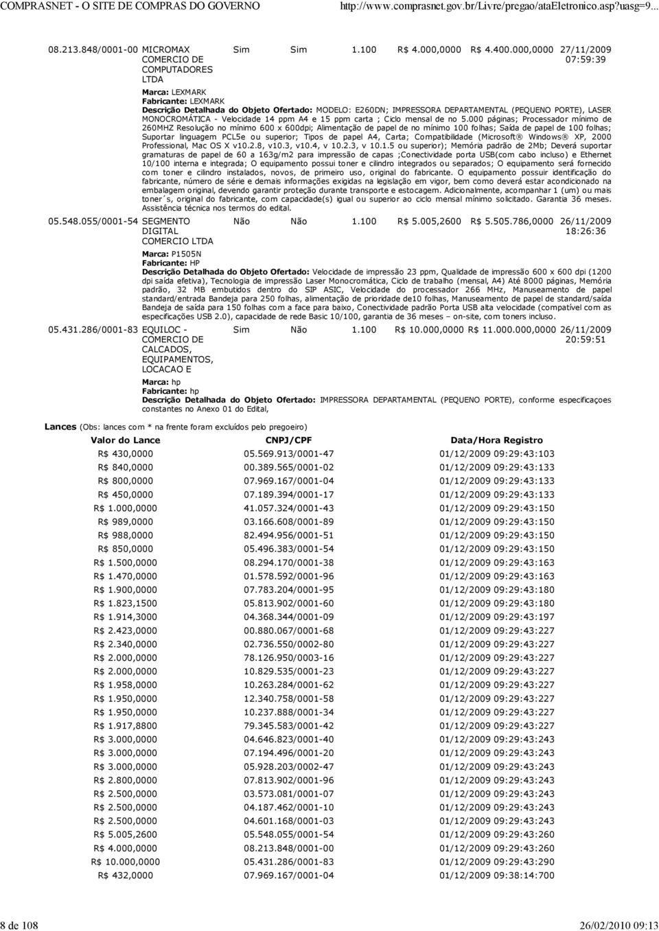 000,0000 27/11/2009 07:59:39 Marca: LEXMARK Fabricante: LEXMARK Descrição Detalhada do Objeto Ofertado: MODELO: E260DN; IMPRESSORA DEPARTAMENTAL (PEQUENO PORTE), LASER MONOCROMÁTICA - Velocidade 14