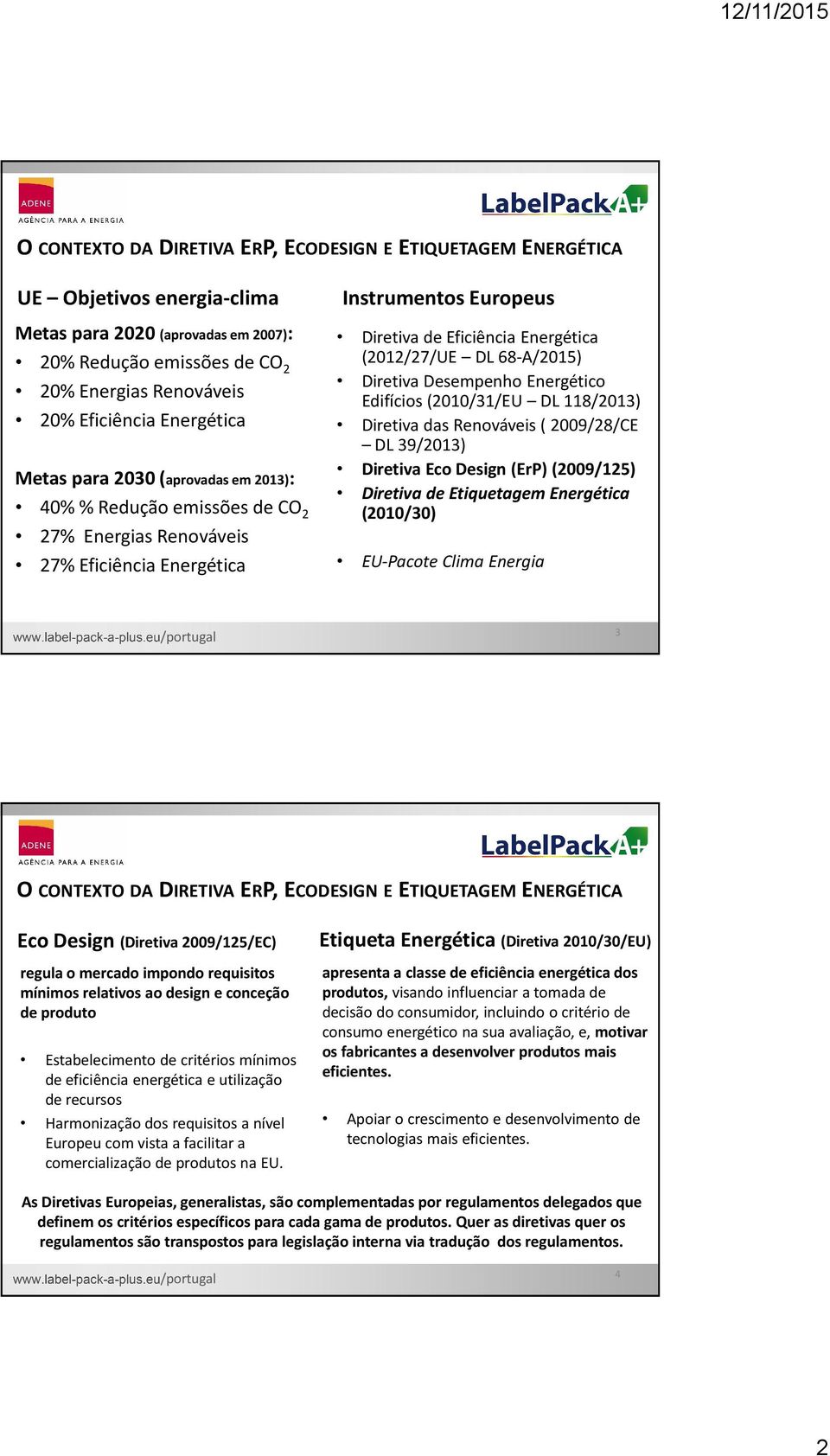 68-A/2015) Diretiva Desempenho Energético Edifícios (2010/31/EU DL 118/2013) Diretiva das Renováveis ( 2009/28/CE DL 39/2013) Diretiva Eco Design (ErP) (2009/125) Diretiva de Etiquetagem Energética