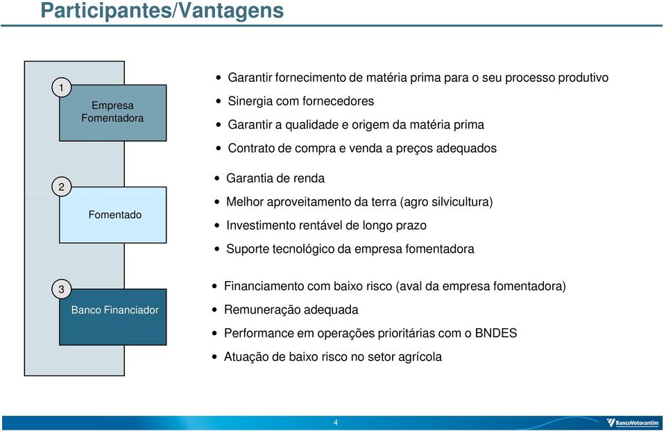 da terra (agro silvicultura) Investimento rentável de longo prazo Suporte tecnológico da empresa fomentadora 3 Banco Financiador Financiamento com