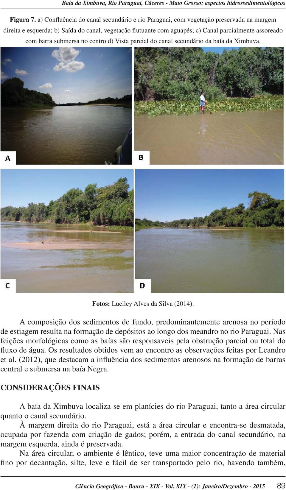 submersa no centro d) Vista parcial do canal secundário da baía da Ximbuva. Fotos: Luciley Alves da Silva (2014).