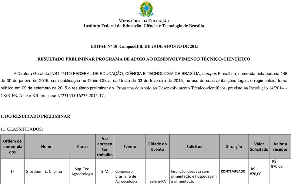 de suas atribuições legais e regimentais, torna público em 09 de setembro de 2015 o resultado preliminar do Programa de Apoio ao Desenvolvimento Técnico-científicos, previsto na