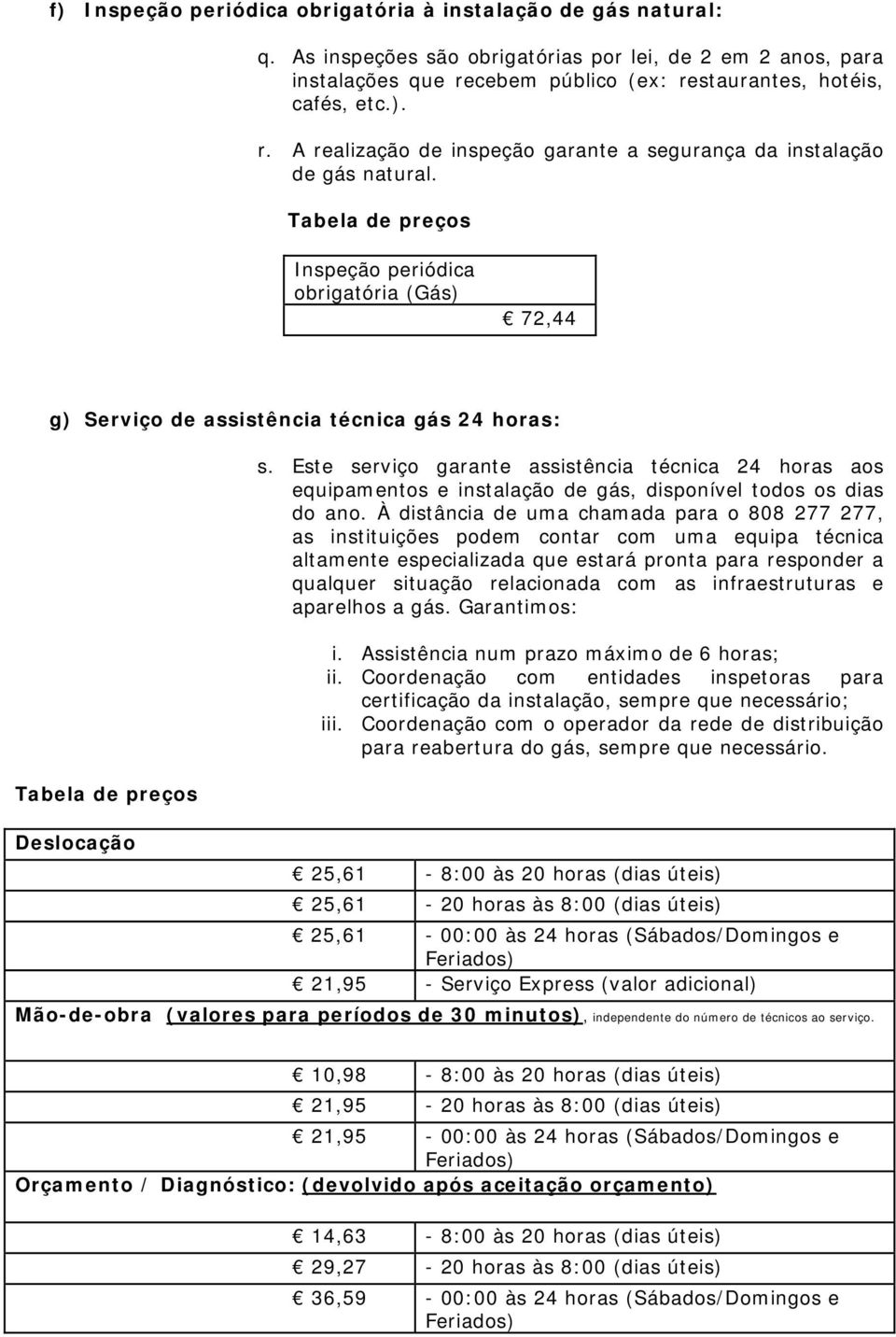 Inspeção periódica obrigatória (Gás) 72,44 g) Serviço de assistência técnica gás 24 horas: s.