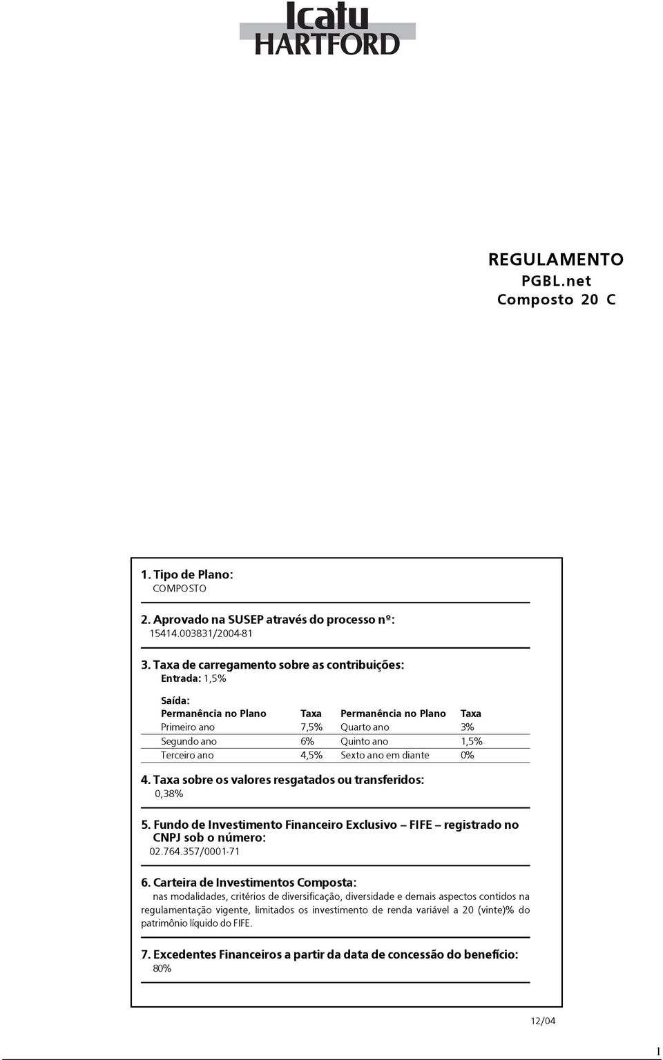 Sexto ano em diante 0% 4. Taxa sobre os valores resgatados ou transferidos: 0,38% 5. Fundo de Investimento Financeiro Exclusivo FIFE registrado no CNPJ sob o número: 02.764.357/0001-71 6.