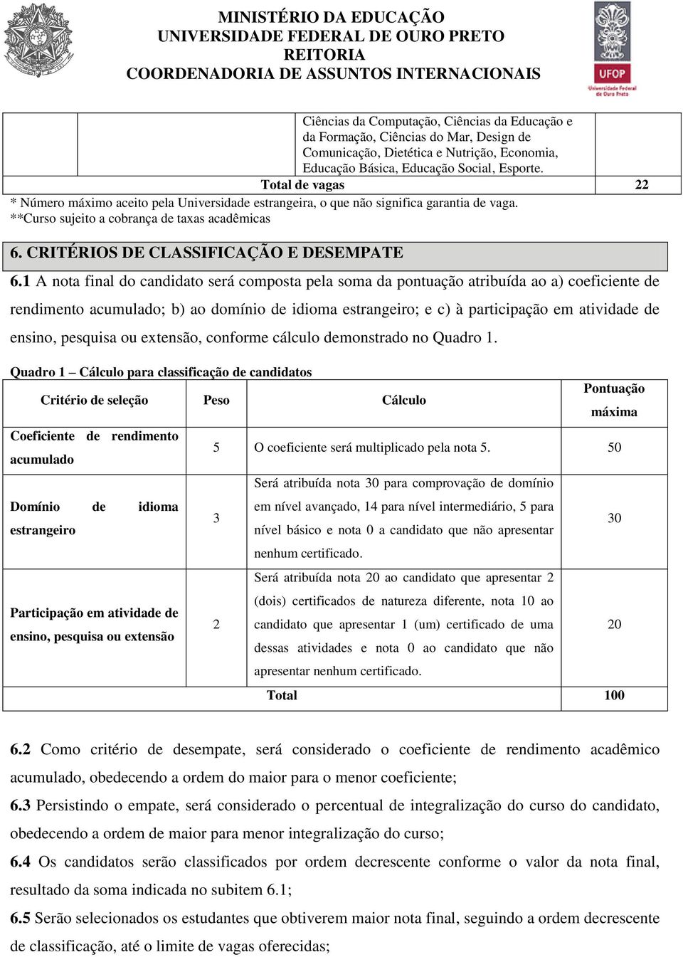 CRITÉRIOS DE CLASSIFICAÇÃO E DESEMPATE 6.