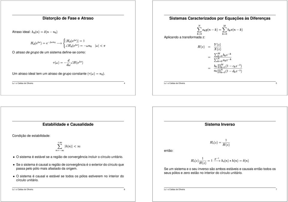 Lu ıs Caldas d Olivira 4 Lu ıs Caldas d Olivira Estabilidad Causalidad Sistma Invrso Condição d stabilidad: O sistma é stávl s a rgião d convrgência incluir o círculo unitário.