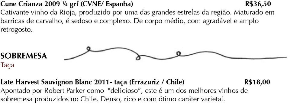 SOBREMESA Taça Late Harvest Sauvignon Blanc 2011- taça (Errazuriz / Chile) R$18,00 Apontado por Robert Parker como