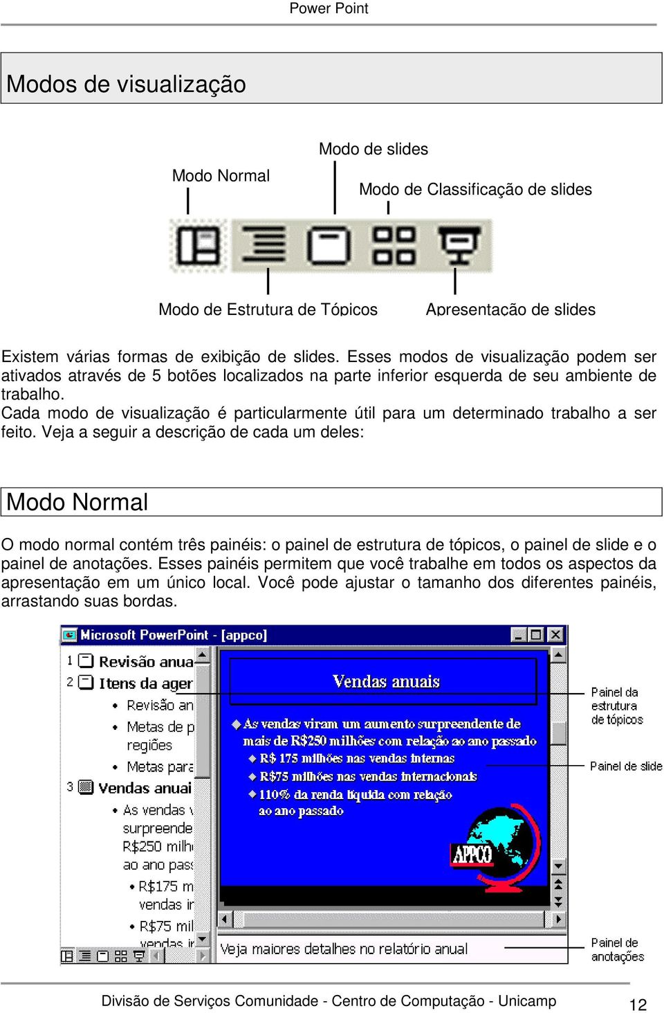 Cada modo de visualização é particularmente útil para um determinado trabalho a ser feito.