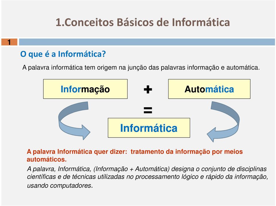 Informação + = Informática Automática A palavra Informática quer dizer: tratamento da informação por meios