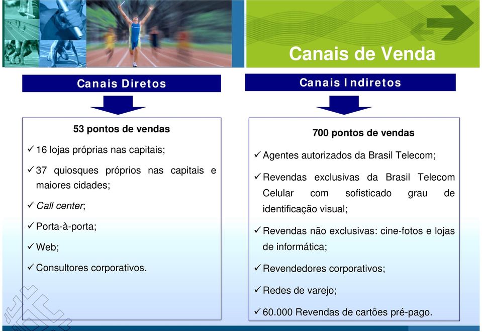 700 pontos de vendas Agentes autorizados da Brasil Telecom; Revendas exclusivas da Brasil Telecom Celular com sofisticado grau