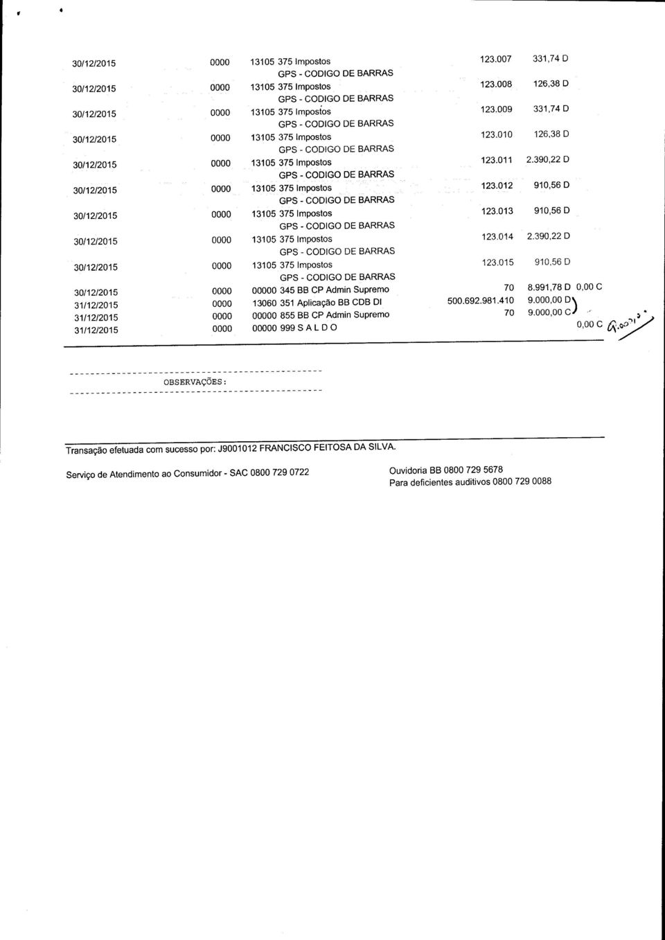 390,22 O GPS - CODIGO DE BARRAS 30/12/2015 0000 13105 375 Impostos 123.012 910,56 D GPS - CODIGO DE BARRAS 30/12/2015 0000 13105 375 Impostos 123.