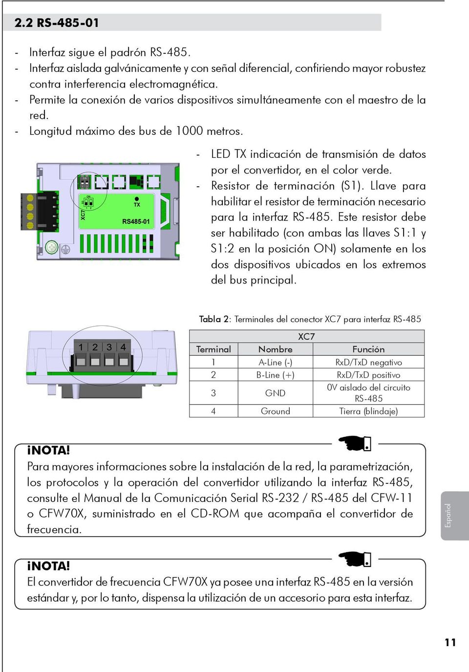 - LED TX indicación de transmisión de datos por el convertidor, en el color verde. - Resistor de terminación (S1). Llave para habilitar el resistor de terminación necesario para la interfaz RS-485.