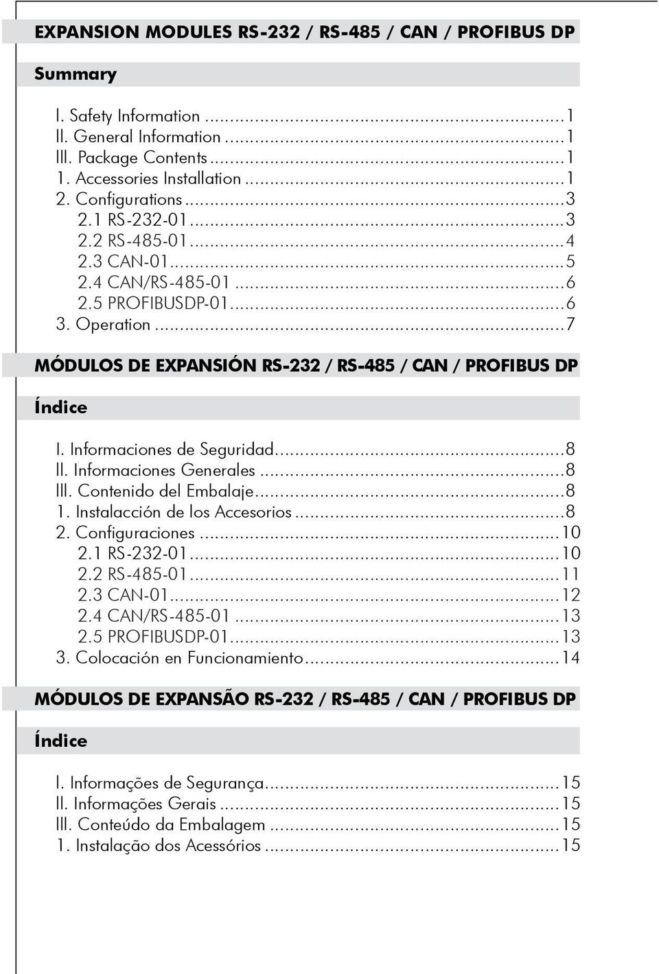 Informaciones de Seguridad...8 ll. Informaciones Generales...8 lll. Contenido del Embalaje...8 1. Instalacción de los Accesorios...8 2. Configuraciones...10 2.1 RS-232-01...10 2.2 RS-485-01...11 2.