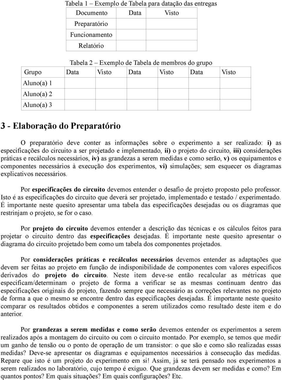 implementado, ii) o projeto do circuito, iii) considerações práticas e recálculos necessários, iv) as grandezas a serem medidas e como serão, v) os equipamentos e componentes necessários à execução