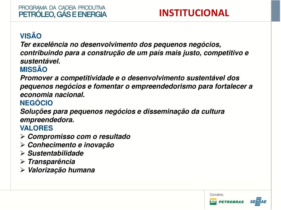 MISSÃO Promover a competitividade e o desenvolvimento sustentável dos pequenos negócios e fomentar o empreendedorismo para