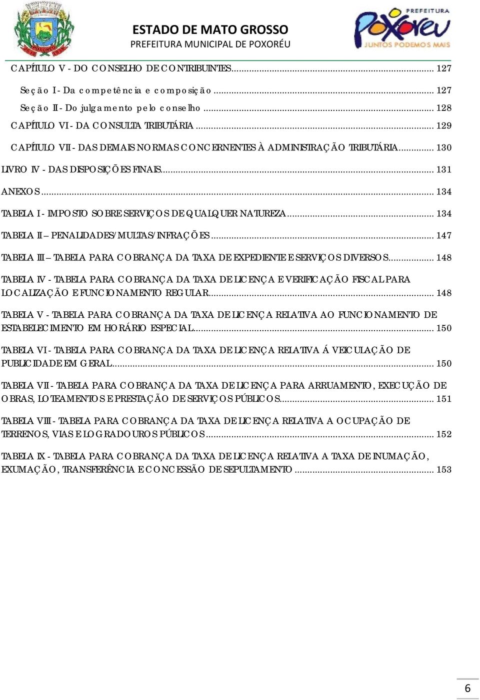 .. 134 TABELA II PENALIDADES/MULTAS/INFRAÇÕES... 147 TABELA III TABELA PARA COBRANÇA DA TAXA DE EXPEDIENTE E SERVIÇOS DIVERSOS.