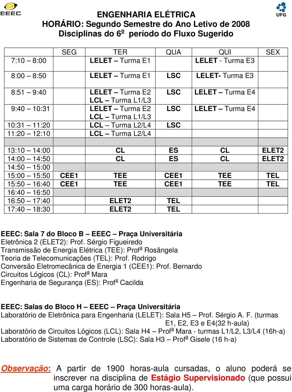 CEE1 TEE TEL 15:50 16:40 CEE1 TEE CEE1 TEE TEL 16:40 16:50 16:50 17:40 ELET2 TEL 17:40 18:30 ELET2 TEL EEEC: Sala 7 do Bloco B EEEC Praça Universitária Eletrônica 2 (ELET2): Prof.